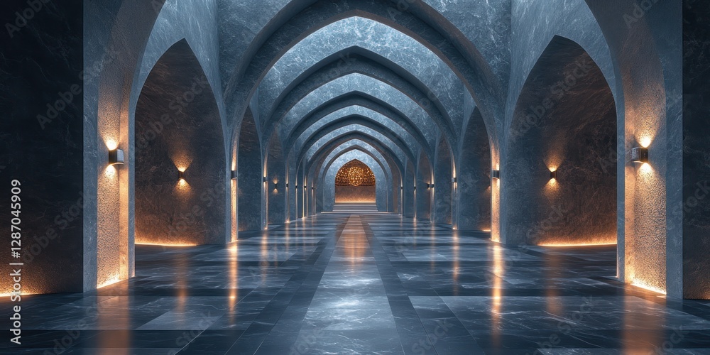 Obraz premium Grandiose Architectural Marvel: A Serene Indoor Passageway with Symmetrical Arches and Marble Walls