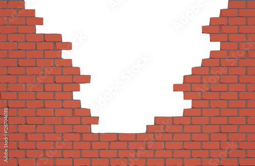 Vector Illustration of a Red Brick Wall With a Large Broken Section in the Center, Creating an Empty Space. Demolition, Construction, or Breakthrough Concepts. Suitable for Backgrounds