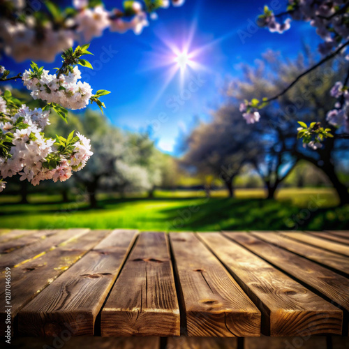 A wooden deck overlooks a lush garden filled with blossoming trees under a bright blue sky photo