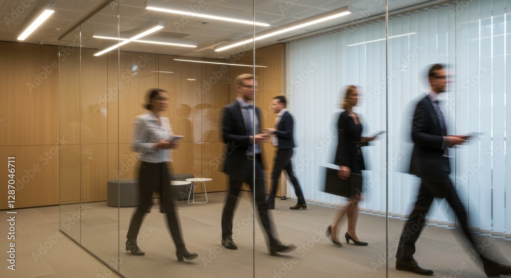 Blurred motion of professionals in a modern office with glass reflections creating an abstract corporate scene Blurred motion of professionals in a modern office with glass reflections creating an abstract corporate scene