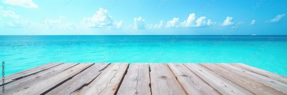 Weathered gray wooden pier planks above tranquil blue water, bright sky , landscape, sun, scene Weathered gray wooden pier planks above tranquil blue water, bright sky , landscape, sun, scene