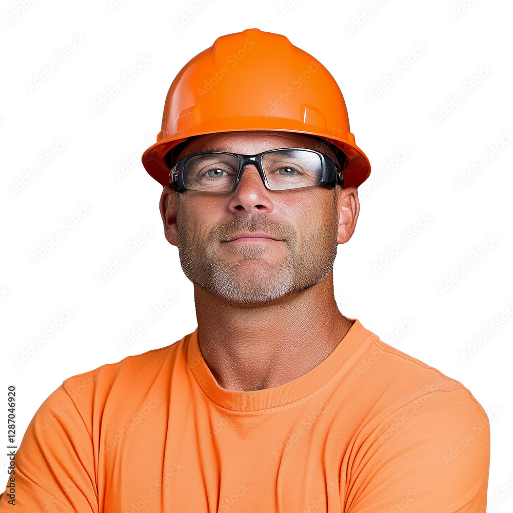 Confident construction worker wearing orange hard hat and safety glasses Confident construction worker wearing orange hard hat and safety glasses