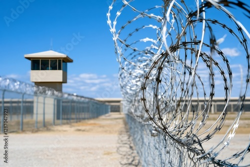 Razor wire protecting military base under high security with guard tower