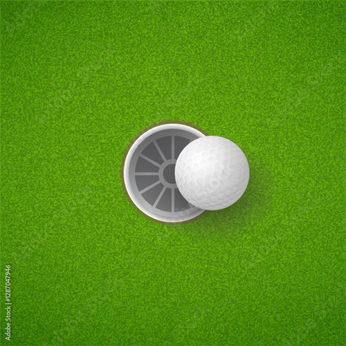Golf ball and golf hole on green grass background. Vector EPS 10