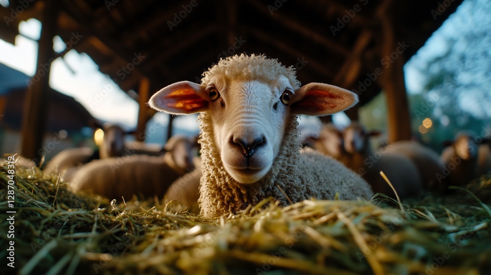 Fluffy Sheep Resting Calmly Inside Barn Resting Quietly In Barn