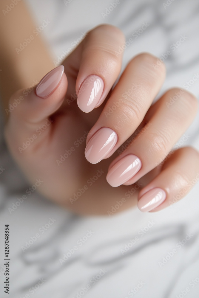 Soft blush pink manicure with a glossy finish, featuring a delicate marbled effect that adds a touch of sophistication and elegance