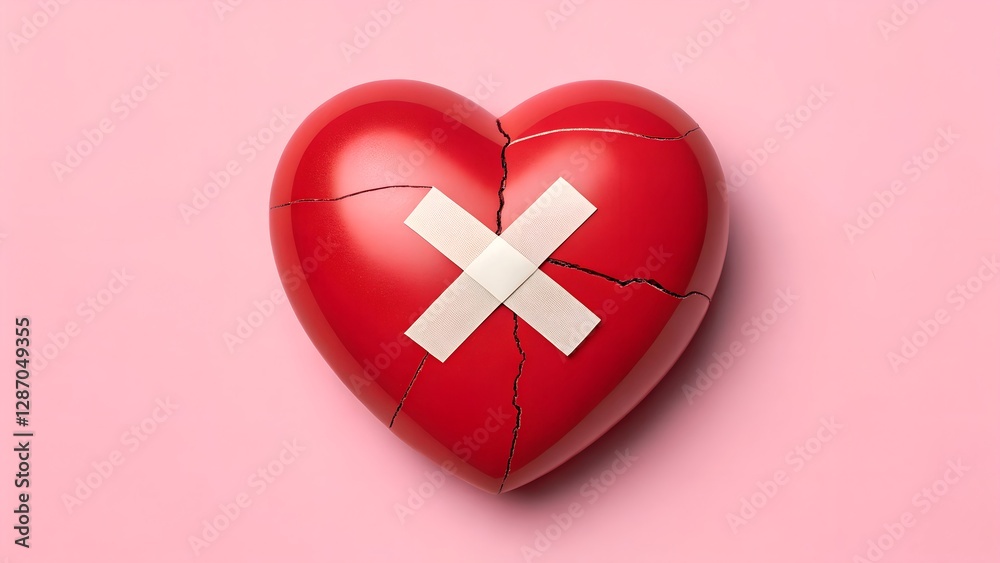 3D broken heart with cracks and adhesive bandage, illustrating the concept of emotional recovery, love and resilience in a minimalist visual 3D broken heart with cracks and adhesive bandage, illustrating the concept of emotional recovery, love and resilience in a minimalist visual