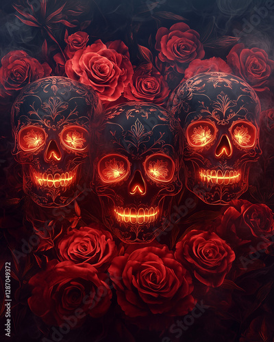 Three Glowing Sugar Skulls with Intricate Floral Engravings and Red Roses