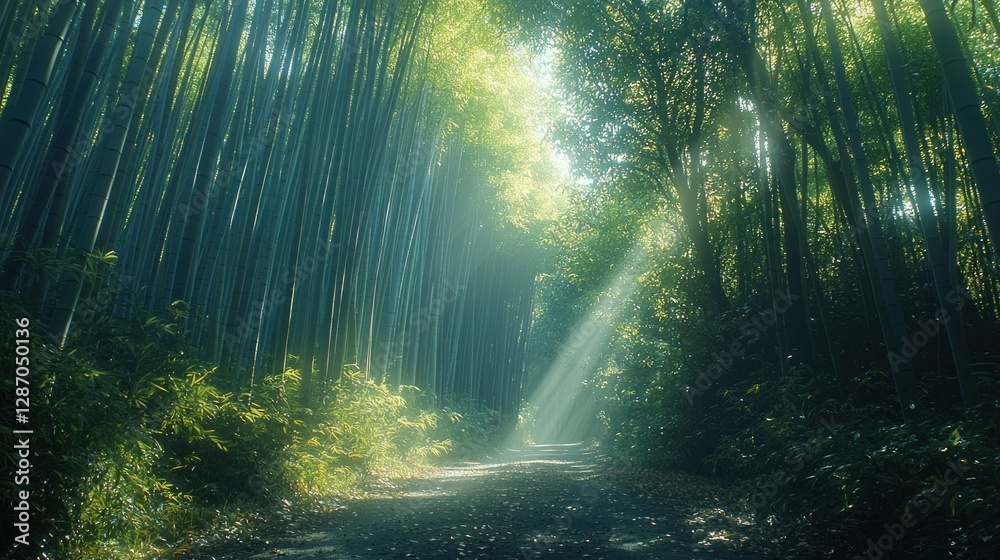 Fototapeta premium Sunlight Shining Through Bamboo Forest Path Creating a Serene Nature Scene