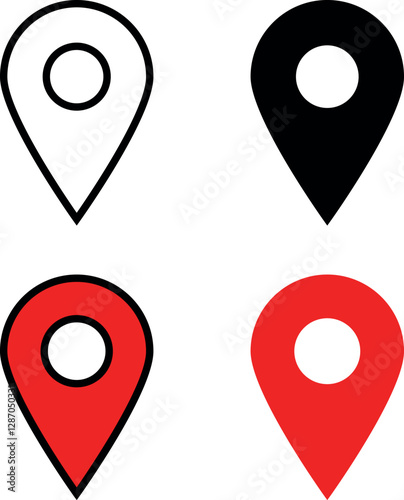 Location pin icons vector set in (black, white, red) colors and in outline and filled styles for maps, navigation apps, and location-based services. Vector icon