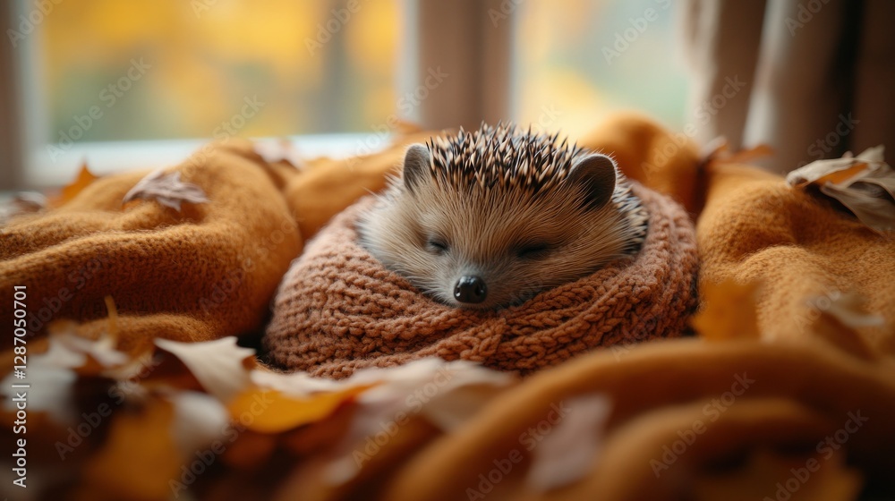 Fototapeta premium Sleepy hedgehog nestled in autumnal blanket, surrounded by leaves, by window