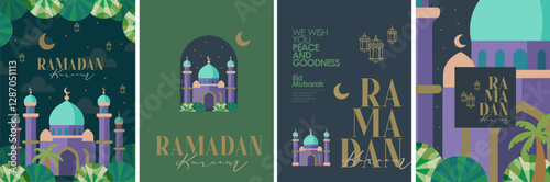 Ramadan kareem. Eid mubarak. Vector stylish modern flat illustration of mosque, landscape, logo, nature and crescent moon for greeting card, postcard, background or poster