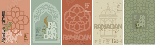 Ramadan kareem. Eid mubarak. Vector stylish modern illustration of muslim islamic ornament, arabic window, lantern, logo, tile, pattern and crescent moon for greeting card, background or poster