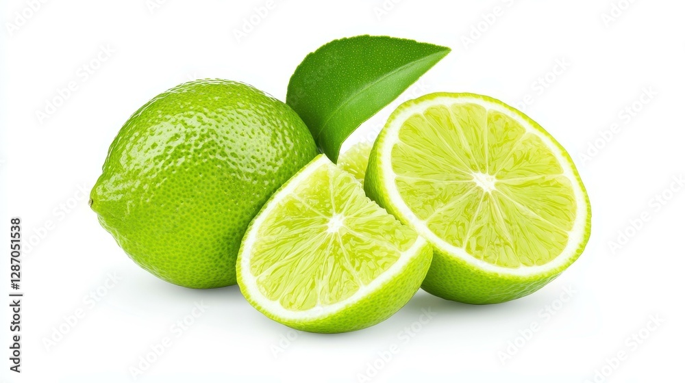 Bright, fresh limes with lush green leaves on a clean white background, perfect for summer drinks and healthy dishes. Bright, fresh limes with lush green leaves on a clean white background, perfect for summer drinks and healthy dishes.