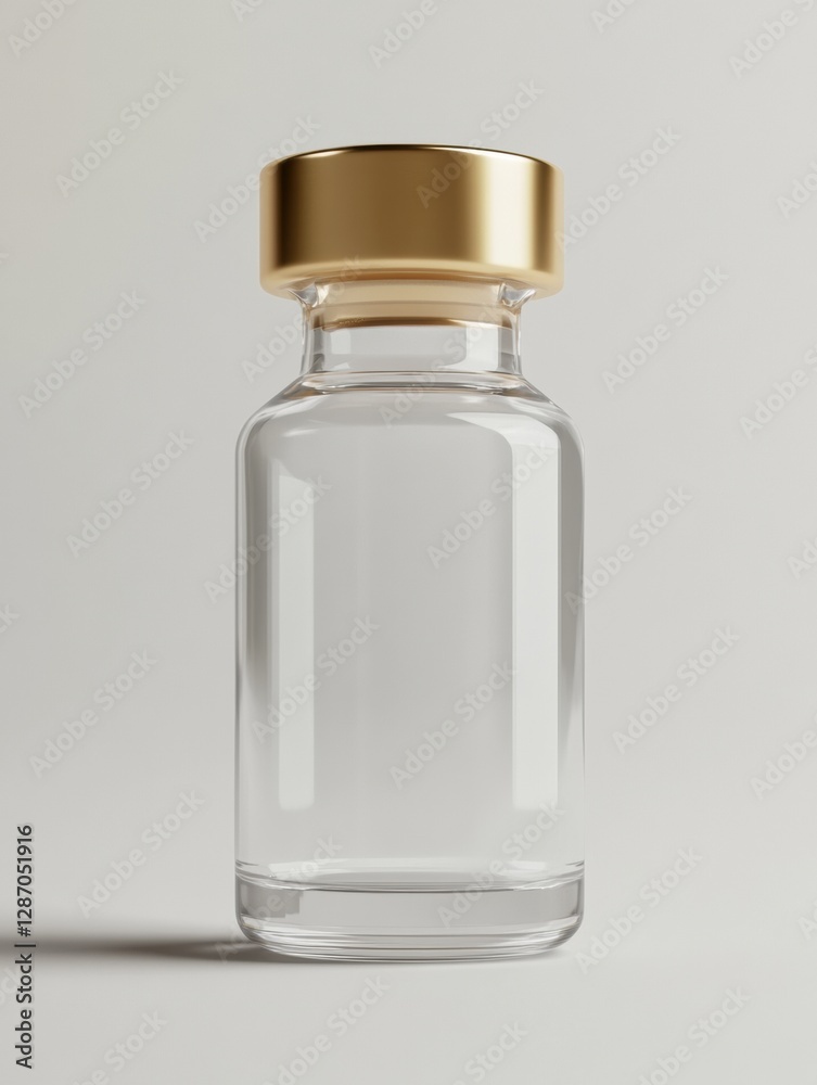 Elegant glass bottle with a golden cap placed on a neutral surface in a well lit environment. Generative AI Elegant glass bottle with a golden cap placed on a neutral surface in a well lit environment. Generative AI