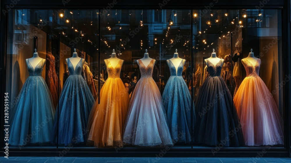 Naklejka premium Elegant gowns displayed in a storefront window at night
