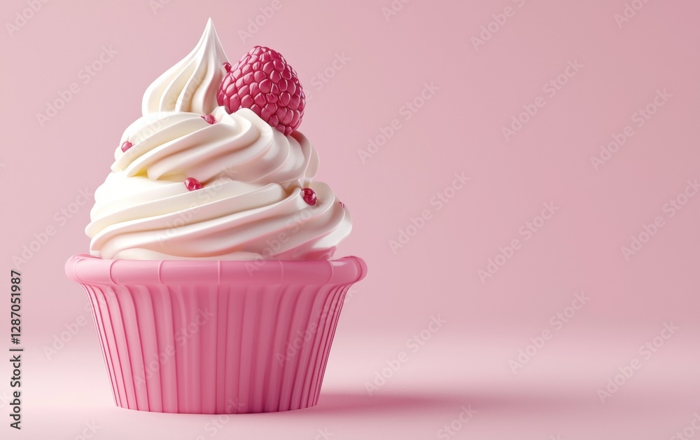 White chocolate raspberry ice cream with a glossy finish on a soft pink background White chocolate raspberry ice cream with a glossy finish on a soft pink background