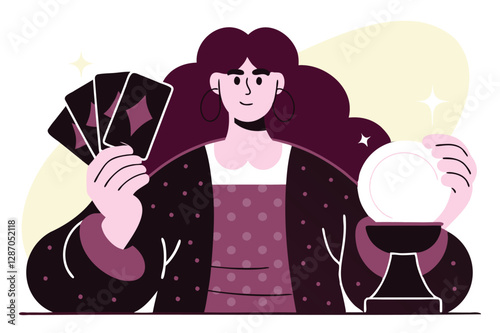 Cute stylized fortune teller with tarot cards, vector illustration, mystical theme, cartoon character, magic prediction, tarot reading, playful design