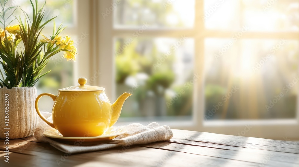 A charming yellow teapot is accompanied by beautiful flowers on a rustic wooden table, creating a warm and inviting atmosphere filled with affection and connection.