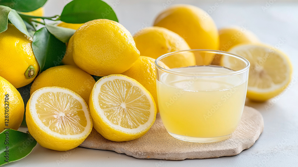 Sliced lemons with a glass of fresh citrus juice. Healthy and delicious homemade beverage rich in vitamins. Ideal for detox drinks, weight loss, and wellness themes. Sliced lemons with a glass of fresh citrus juice. Healthy and delicious homemade beverage rich in vitamins. Ideal for detox drinks, weight loss, and wellness themes.