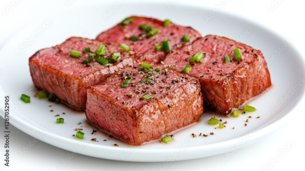 Sliced, seasoned steak cubes on white plate Sliced, seasoned steak cubes on white plate