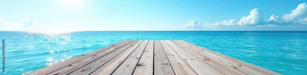 Gray wood pier deck extends over calm blue sea, sunny sky , vacation, water, horizon Gray wood pier deck extends over calm blue sea, sunny sky , vacation, water, horizon