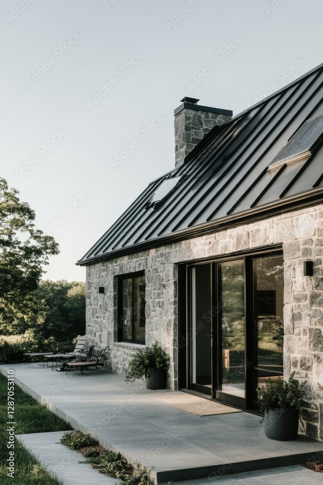 A contemporary stone house featuring a sleek roof design is beautifully situated in a peaceful natural environment, bathed in the soft light of early morning A contemporary stone house featuring a sleek roof design is beautifully situated in a peaceful natural environment, bathed in the soft light of early morning