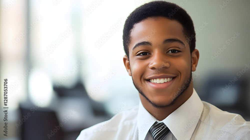 A young professional in a modern office setting smiling warmly for a job application photo. A young professional in a modern office setting smiling warmly for a job application photo.