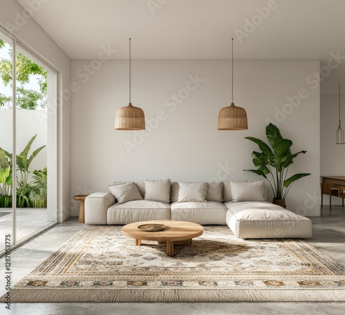 Modern living room with patio view, beige sectional sofa and round coffee table