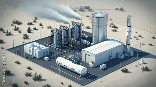 Industrial-scale Gray Hydrogen production facility with fossil fuel refineries and visible CO2 emissions, representing carbon-intensive energy. photo