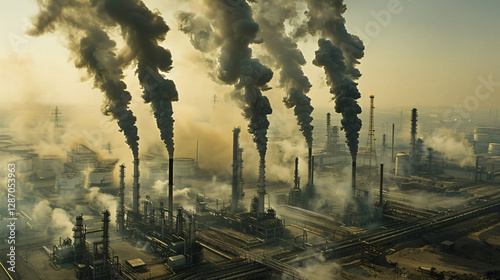 Industrial-scale Gray Hydrogen production facility with fossil fuel refineries and visible CO2 emissions, representing carbon-intensive energy. photo