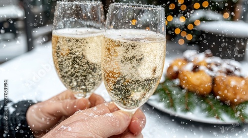 Toasting with Champagne in Snowy Winter Garden photo