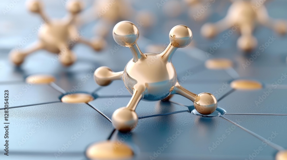 Obraz premium Abstract 3D render of metallic golden molecular structures connected on a blue network grid.