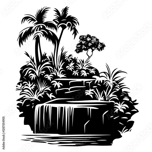 Jungle waterfall oasis with palm foliage – silhouette vector illustration