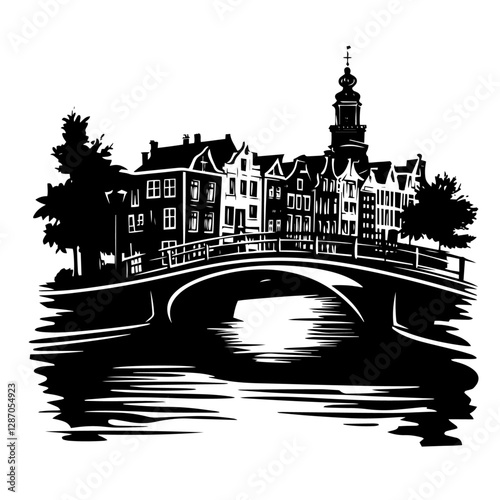 Silhouette canal bridge with historic buildings – monochrome vector illustration