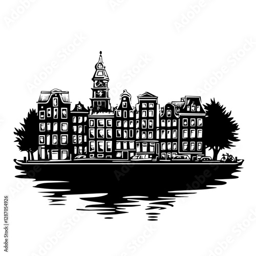 Canal row houses reflected in water – silhouette monochrome vector illustration