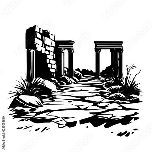 Ancient ruins pathway with stone columns – hand-drawn monochrome vector illustration
