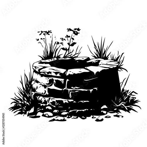 black and white vector of a rustic stone well with grass and flowers around it, vintage countryside illustration