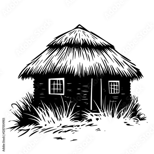  traditional thatched hut vector in hand drawn engraving style