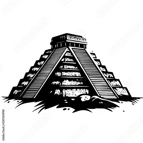 vector mayan pyramid black and white engraving style