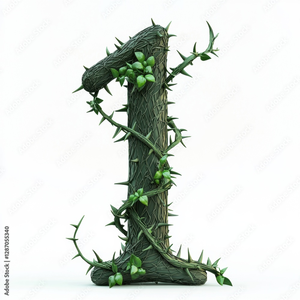 Naklejka premium Of the number 1 made of twisted thorny vines with dark green hues and sharp curved spikes, isolated on a clean white background