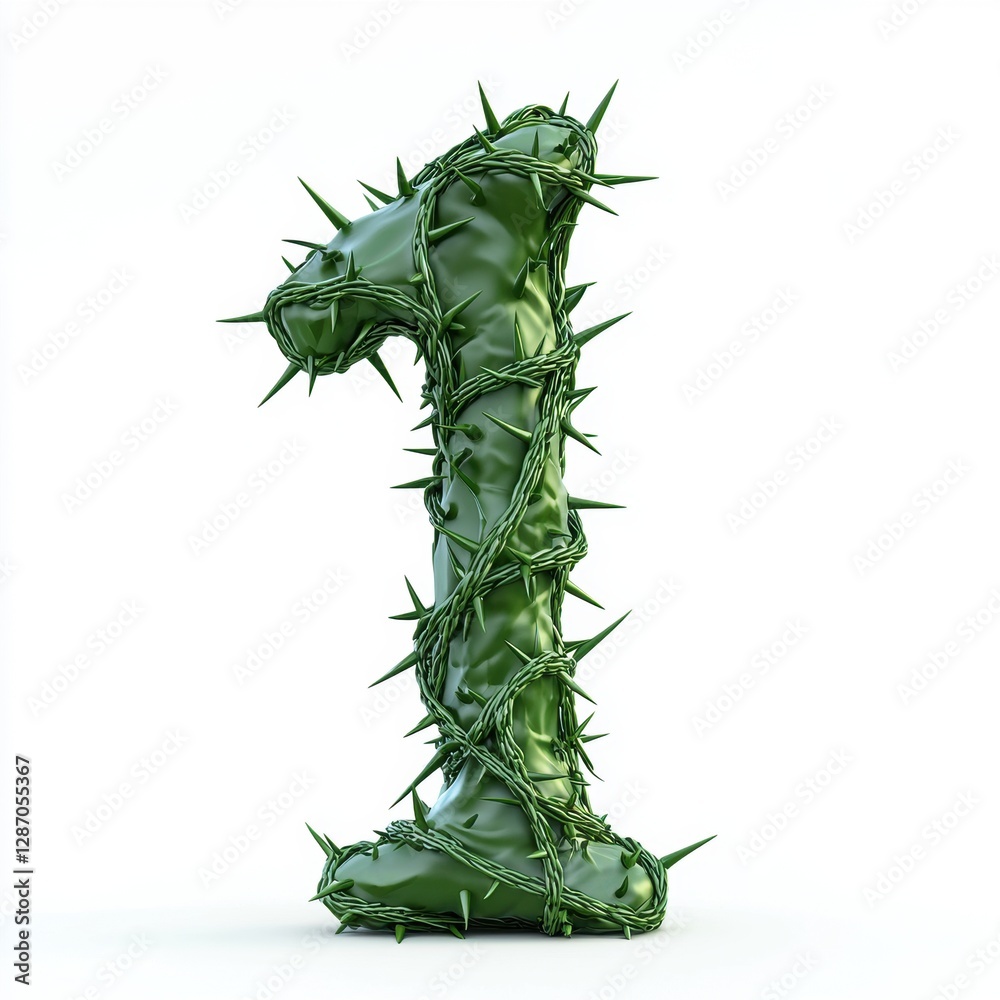 Naklejka premium Of the number 1 made of twisted thorny vines with dark green hues and sharp curved spikes, isolated on a clean white background