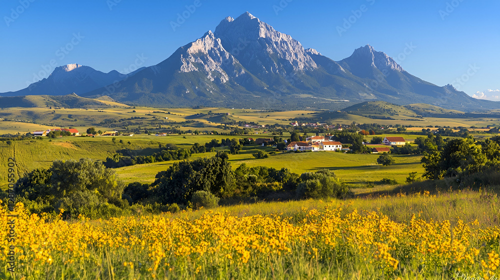 Mountain village landscape, sunny day, wildflowers Mountain village landscape, sunny day, wildflowers