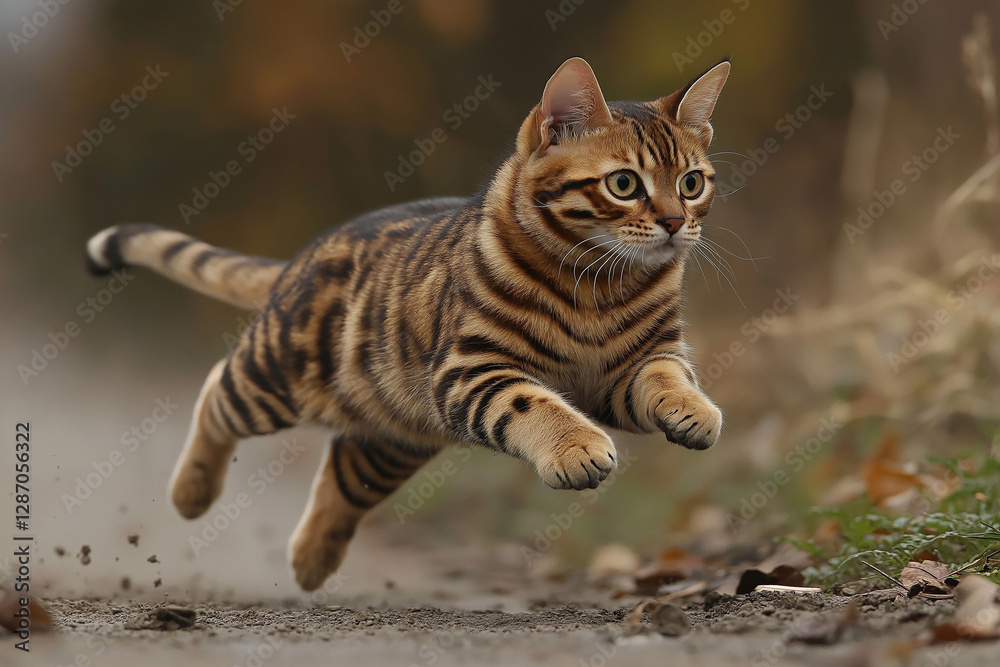 Naklejka premium Bengal cat displaying agility and jumping with stripes, vibrant eyes, and patterned fur