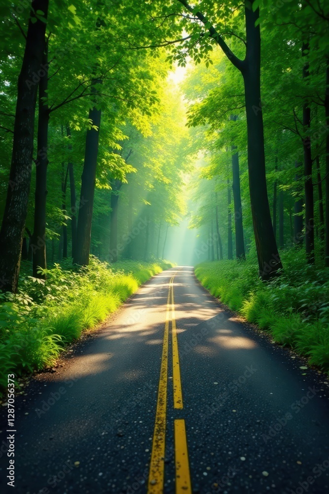 Fototapeta premium Sun-dappled asphalt ribbon winds through lush green canopy , shade, journey