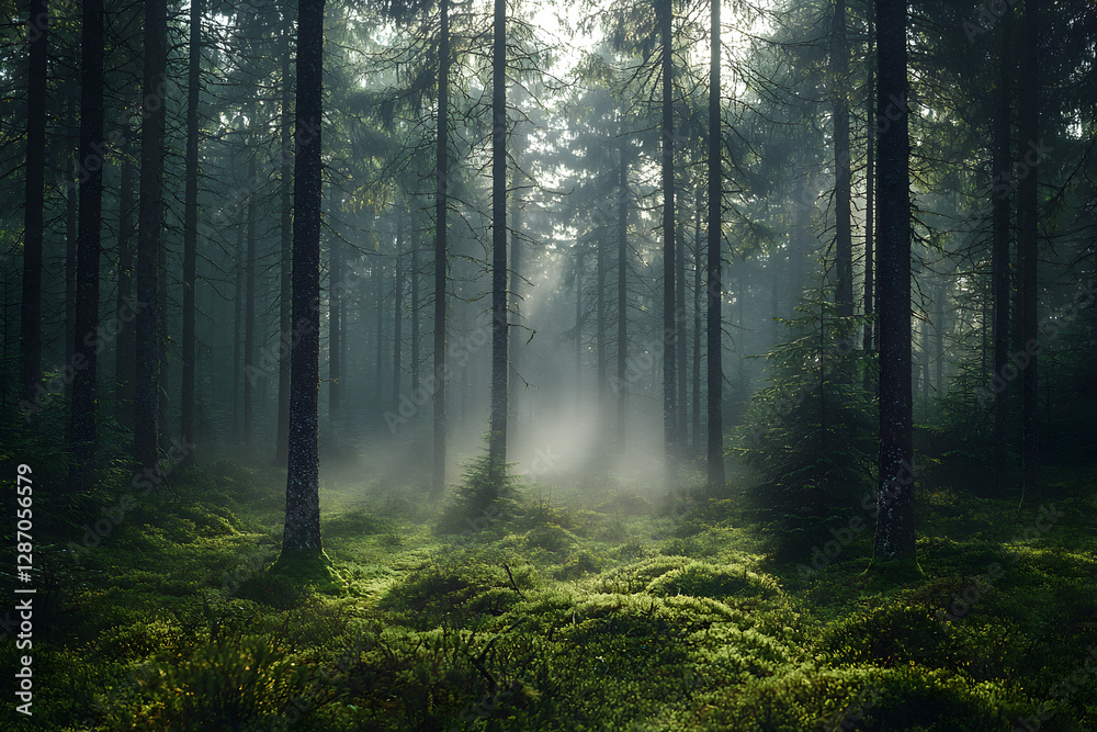Obraz premium Misty forest with tall trees and soft light creating a serene atmosphere in a tranquil woodland