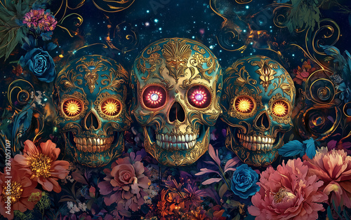 Highly Ornate Sugar Skulls with Gold Engravings and Cosmic Glow, Surrounded by Vibrant Flowers