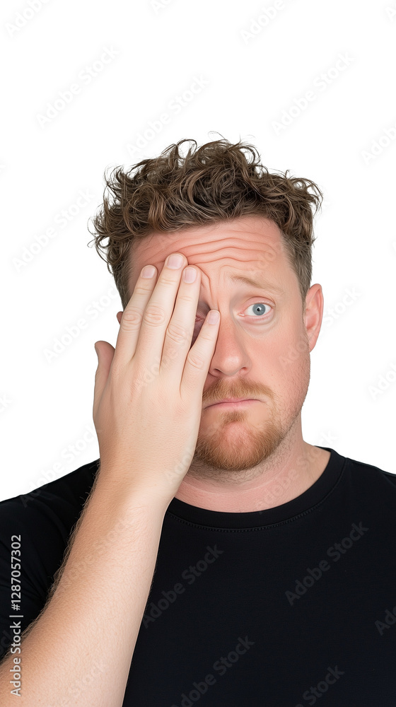 Man with hand on face looking concerned and thoughtful on transparent background Man with hand on face looking concerned and thoughtful on transparent background
