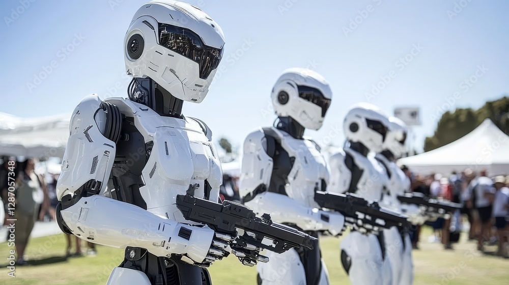 Fototapeta premium Futuristic humanoid combat robots in white and black armor lined up in formation for an epic military parade, showcasing advanced technology, power, and robotic warfare.