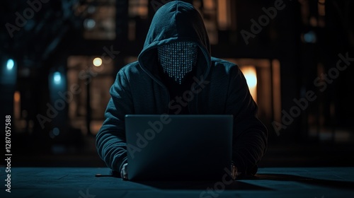 Mysterious hacker in a hoodie with a face composed of glowing binary code, working on a laptop in a dark environment. Cybersecurity threat, hacking, and digital crime concept.